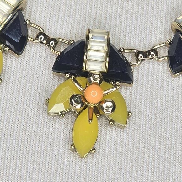 Talbots Flower Leave Gold Tone Statement Bib Necklace Blue Yellow Clear Pink - Picture 2 of 5